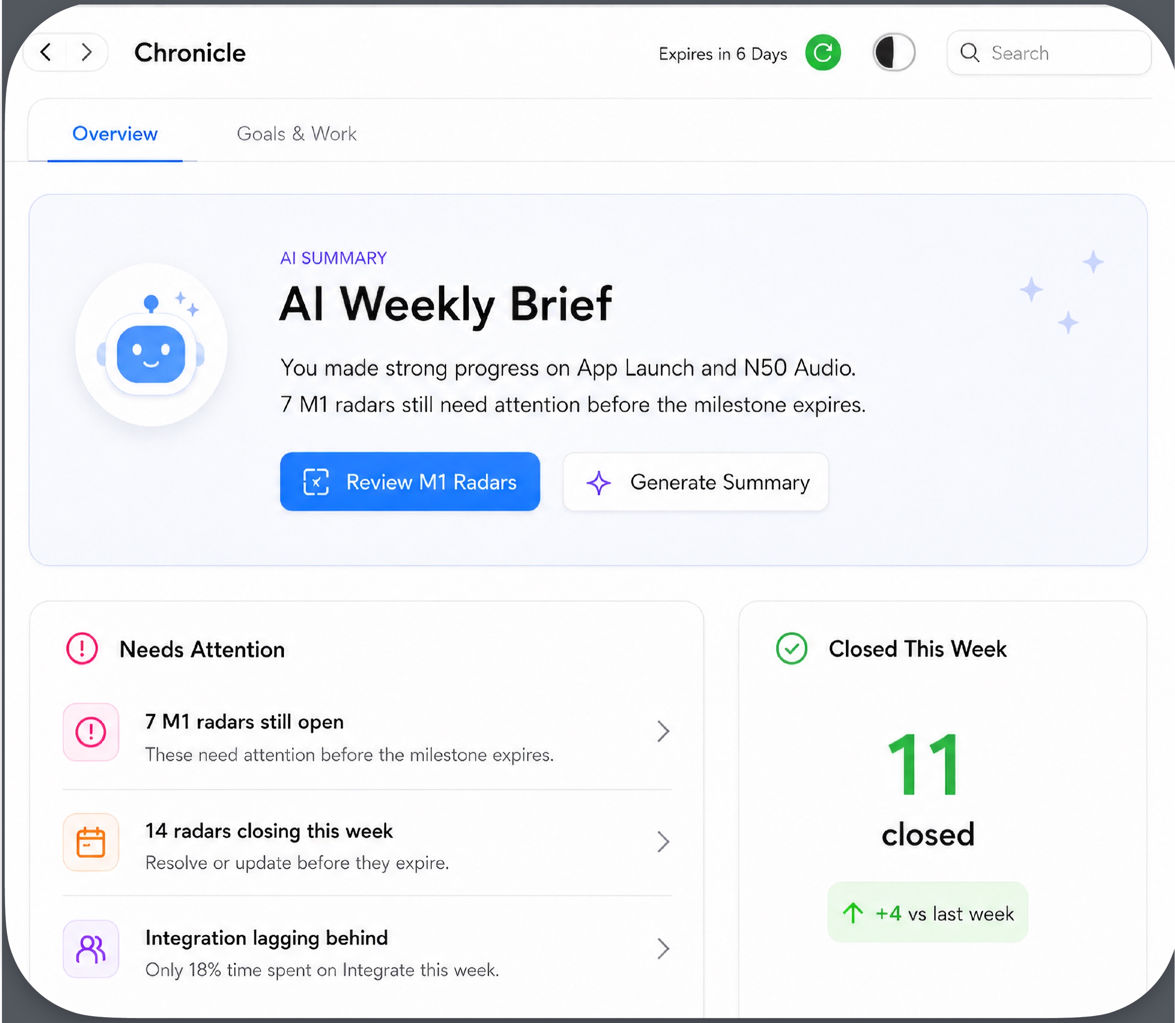 The redesigned Chronicle Overview, leading with an AI weekly brief, needs-attention items and weekly outcomes